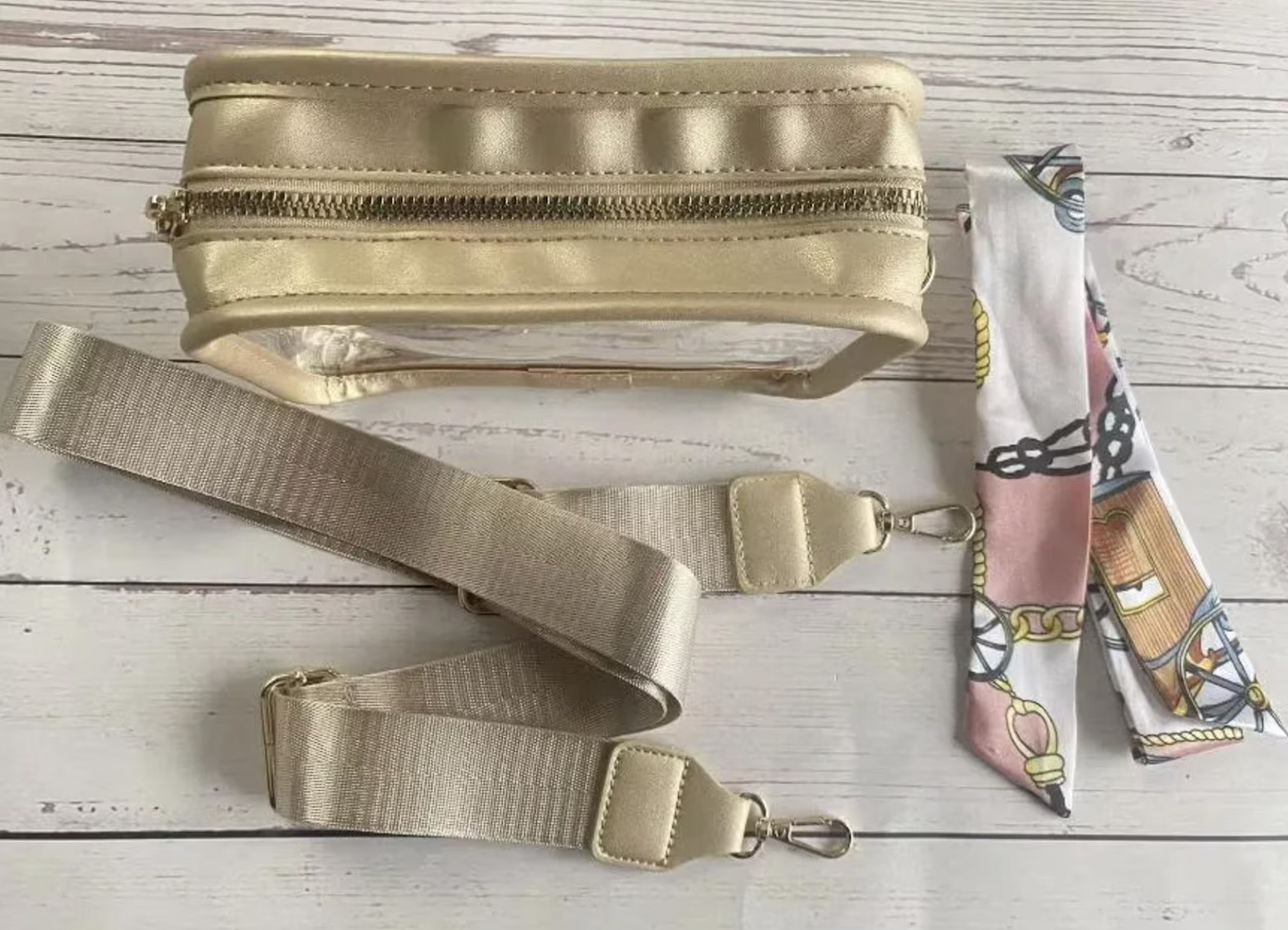 Clear gold stadium bag for beaded purse strap on clear stadium bag