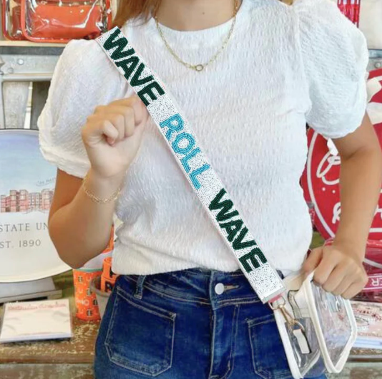 Tulane beaded purse strap on clear stadium bag