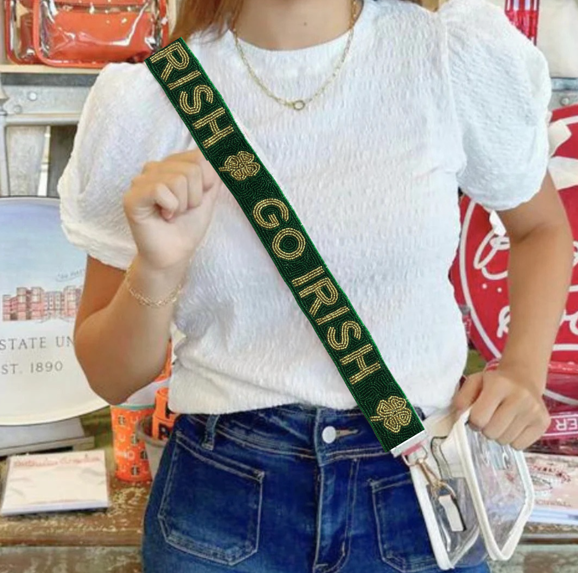 Notre Dame beaded purse strap on clear stadium bag