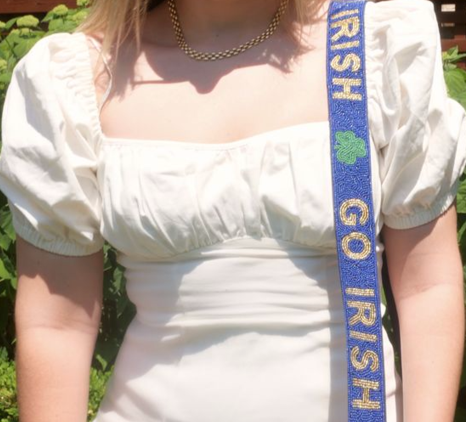 Notre Dame beaded purse strap on clear stadium bag