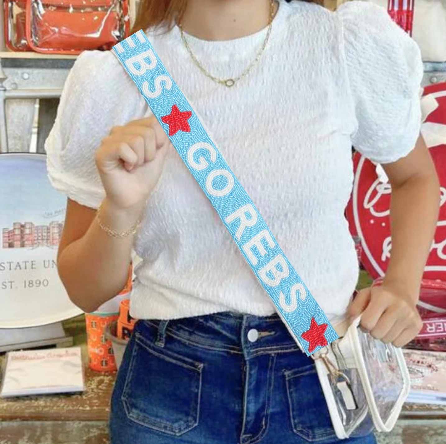 Ole Miss beaded purse strap on clear stadium bag