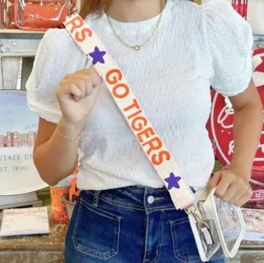 Clemson beaded purse strap on clear stadium bag