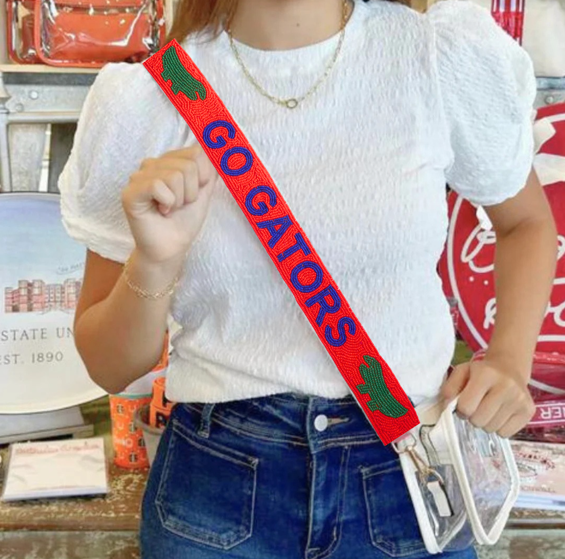 University of Florida beaded purse strap on clear stadium bag